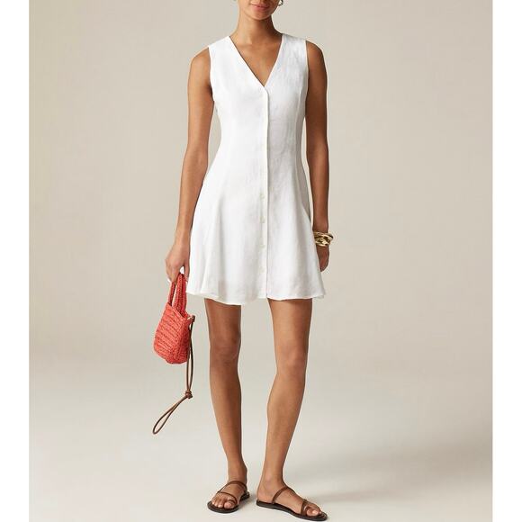 NWT J.Crew Petite Mini Button Front Dress In 100% Linen White Size 2 Petite - Picture 1 of 9